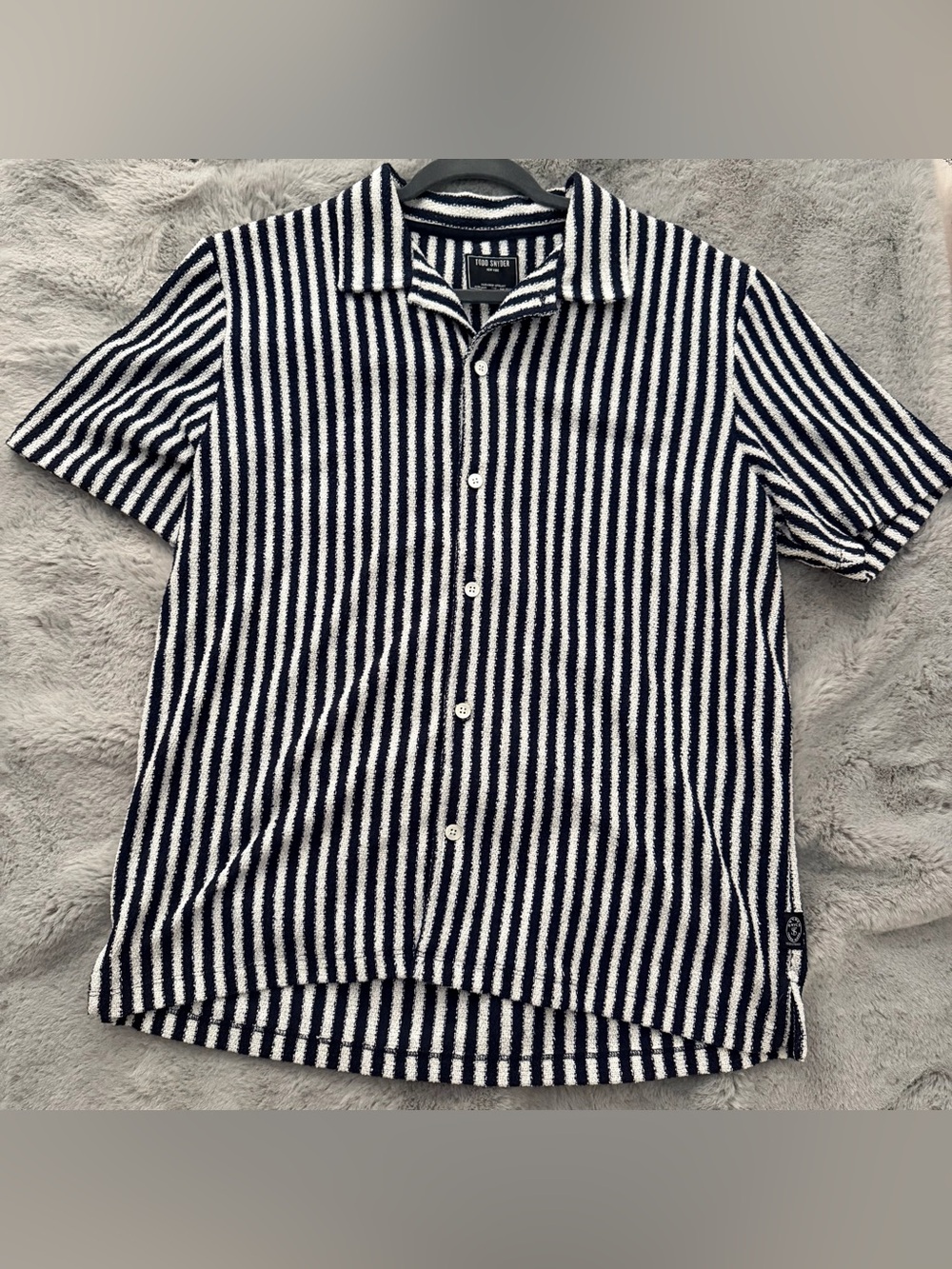 Todd Snyder Striped Terry Toweling Shirt L Navy White Camp Cabana Fisherman
